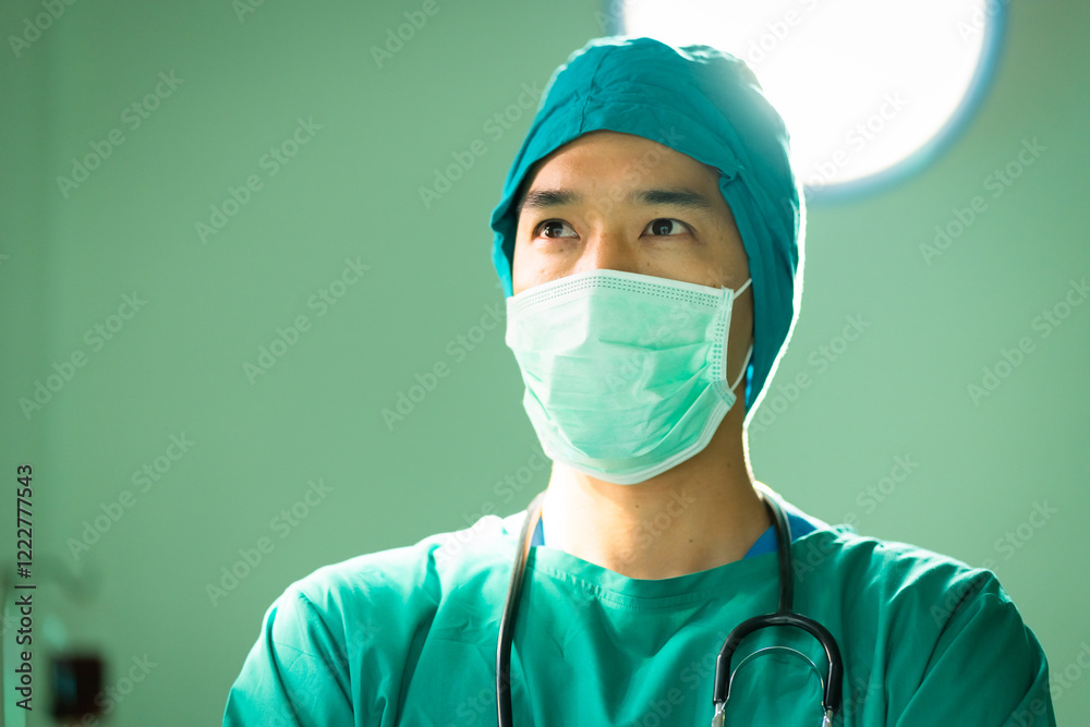 Confident man surgeon in green scrubs with stethoscope and surgical mask looks focused under bright operating room lights, skilled medical professional in sterile surgical environment wearing scrubs Confident man surgeon in green scrubs with stethoscope and surgical mask looks focused under bright operating room lights, skilled medical professional in sterile surgical environment wearing scrubs