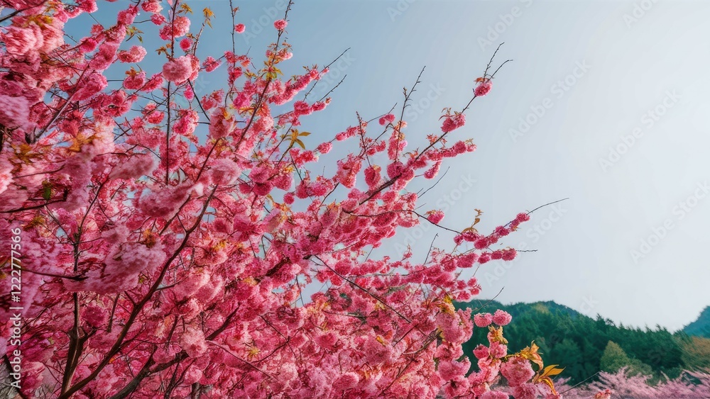 Vibrant pink cherry blossom tree branches filling the foreground with a soft blue sky backdrop and distant green hills enhancing the serene atmosphere. Vibrant pink cherry blossom tree branches filling the foreground with a soft blue sky backdrop and distant green hills enhancing the serene atmosphere.