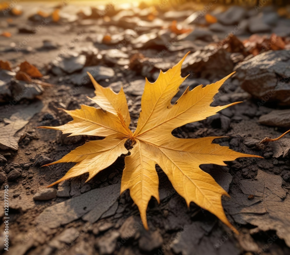 Golden acer leaf skeleton lying on the ground with a warm sunset glow, golden, forest Golden acer leaf skeleton lying on the ground with a warm sunset glow, golden, forest