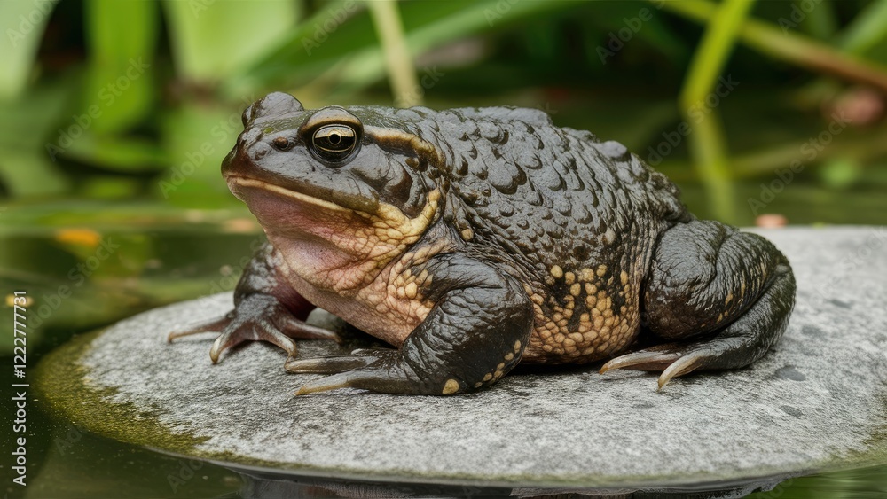 Large plump dark-skinned toad with yellow toxic spots resting on a round gray stone near a tranquil pond surrounded by lush greenery. Large plump dark-skinned toad with yellow toxic spots resting on a round gray stone near a tranquil pond surrounded by lush greenery.