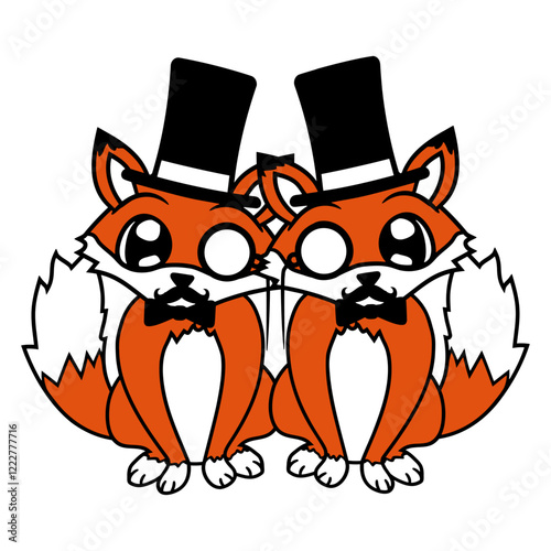 2 Foxes Friends Top Hat Rich Men Monocle Glasses Design Lover Art Vector Illustration Card T-Shirt Poster Sticker Graphic Print Decorative Drawing Isolated Logo Decoration Symbol Creative Cool Style
