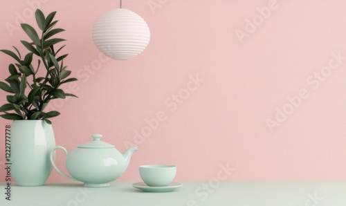 Serene tea time setup minimalist interior still life photography soft colors aesthetic design