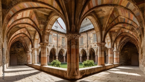 Medieval architecture of a monastery showcasing arched stone columns  intricate ceiling patterns  and a central green courtyard with warm tones.