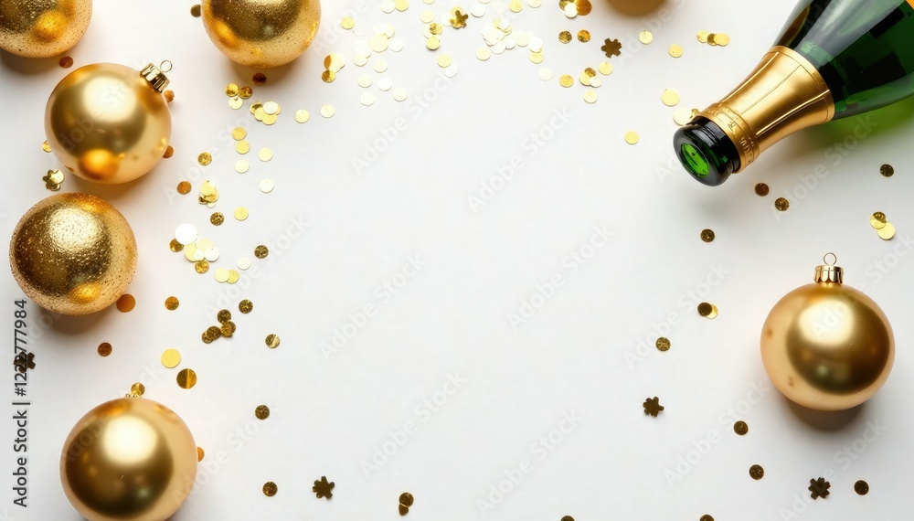 Fototapeta premium Golden Christmas balls scattered on a white background with champagne bottles and confetti, christmas, confetti