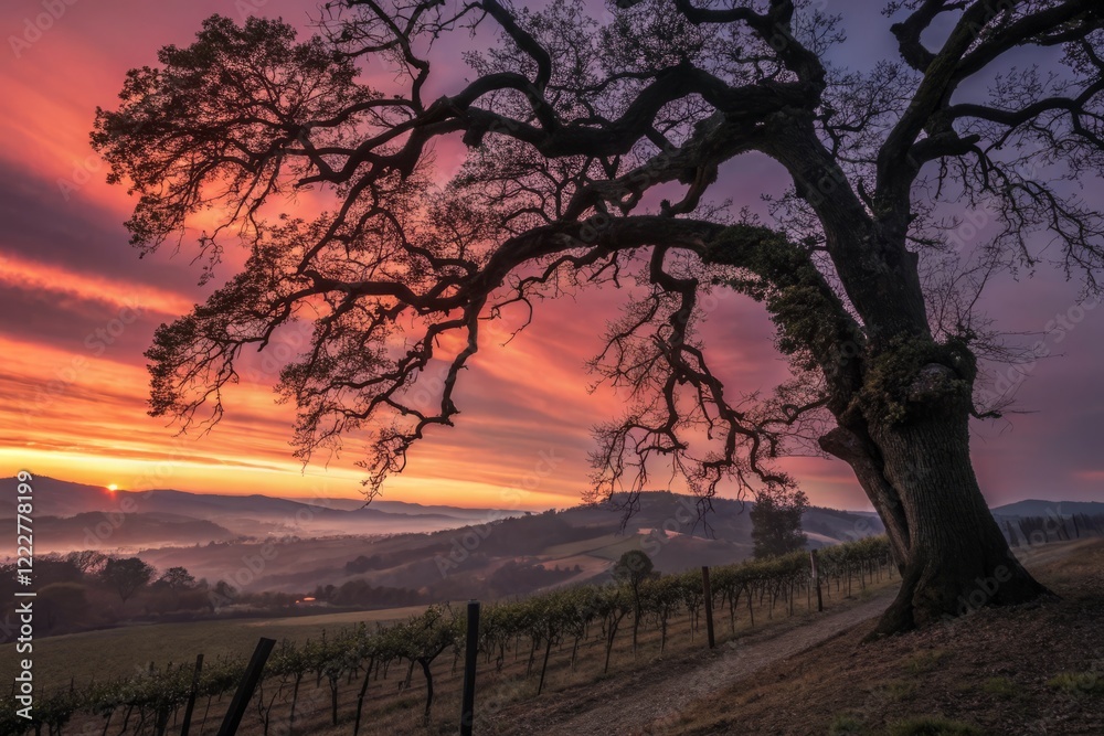 Fototapeta premium Long Exposure Winery Night: Majestic Oak & Vineyard Glow