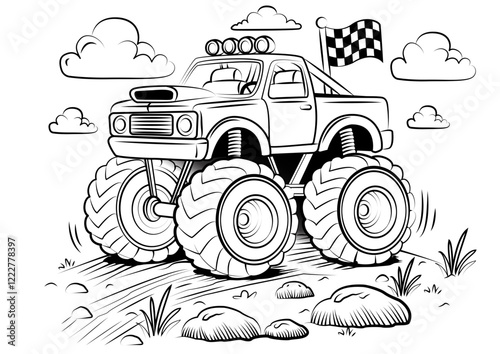 A black and white vector digital illustration to color of motor vehicle - monstertrack traveling on dirt road. In cartoon style.