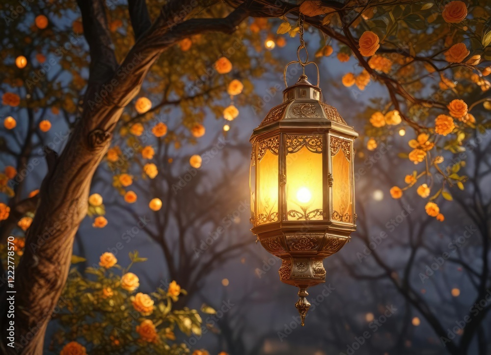 Golden rose-adorned lantern hanging from a tree branch, golden lantern, tree, greenery
