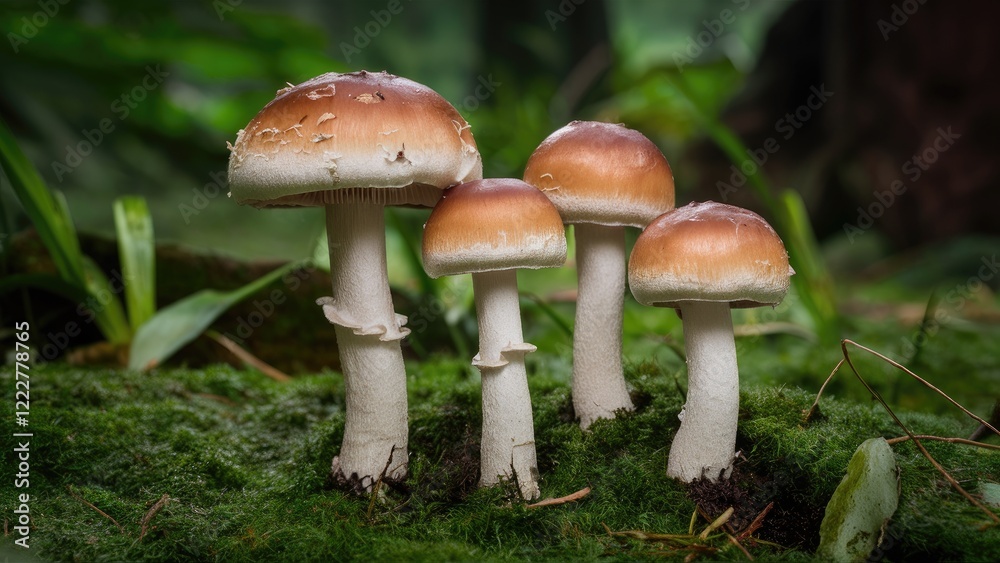 Mushrooms with brown caps and white stems emerging from green moss in a lush forest setting, surrounded by blurred foliage and soft light. Mushrooms with brown caps and white stems emerging from green moss in a lush forest setting, surrounded by blurred foliage and soft light.