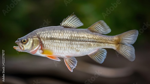 Fathead minnow fish swimming gracefully with a shimmering silver body and orange accents against a soft green blurred natural background.