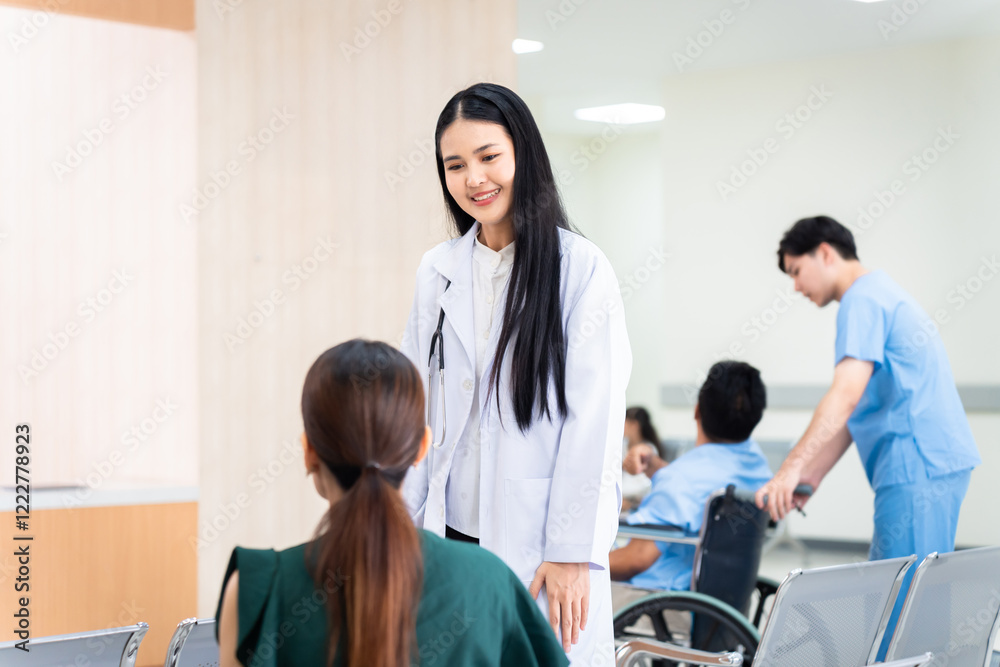 Professional healthcare doctor in white coat engages with patient in counseling session, holding tablet to provide medical advice, provider smile warmly while consulting with patient in private clinic Professional healthcare doctor in white coat engages with patient in counseling session, holding tablet to provide medical advice, provider smile warmly while consulting with patient in private clinic