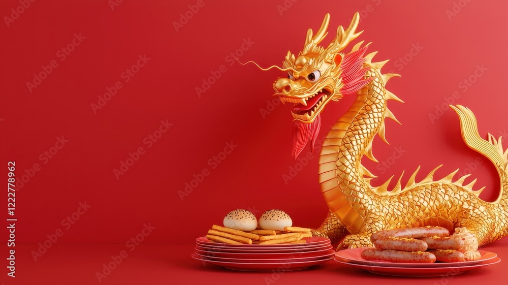 Fototapeta premium Golden Dragon Statue with Asian Food Chinese New Year Festive Still Life