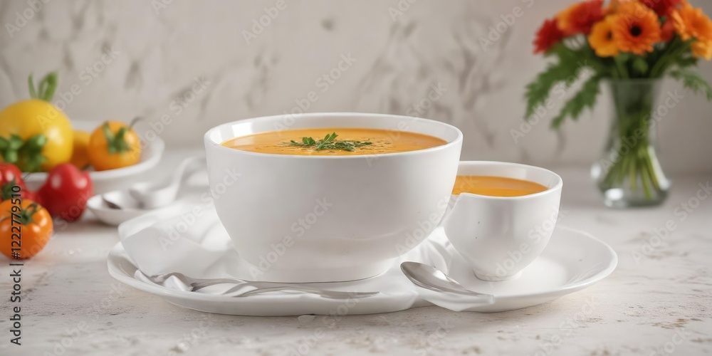 Gourmet bisque soup in a delicate white porcelain bowl, creamy broth, sophisticated flavors, elegant ceramics Gourmet bisque soup in a delicate white porcelain bowl, creamy broth, sophisticated flavors, elegant ceramics