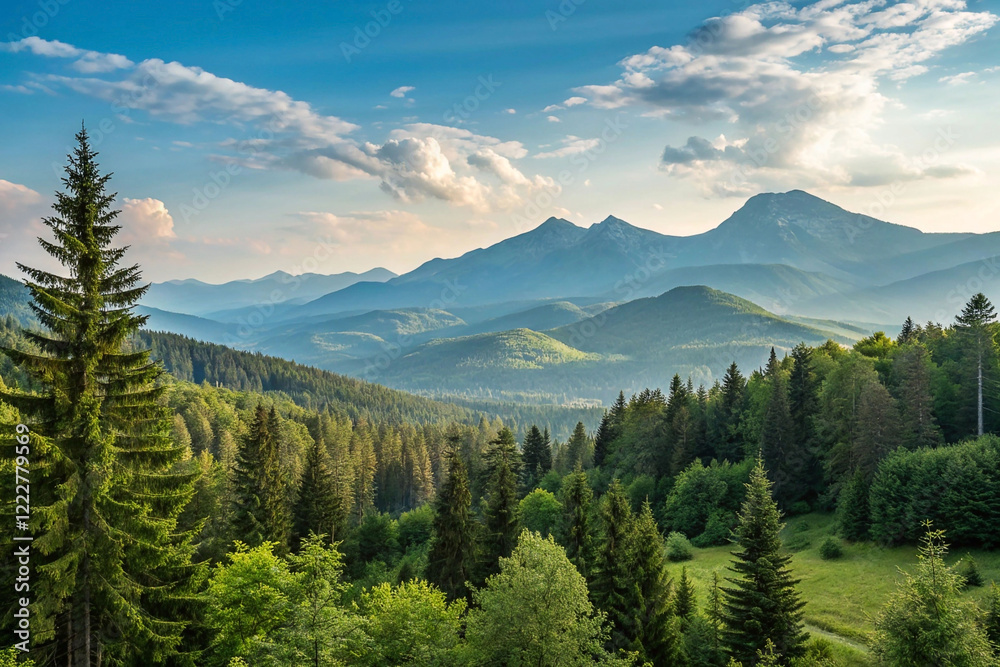 Majestic sunset over vast mountain range and lush green forest. Majestic sunset over vast mountain range and lush green forest.