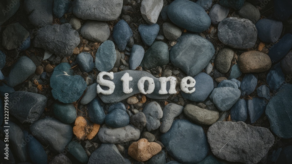 Grey stone background with an assortment of smooth and rough stones in various shades of grey, featuring the word Stone in white among the pebbles. Grey stone background with an assortment of smooth and rough stones in various shades of grey, featuring the word Stone in white among the pebbles.