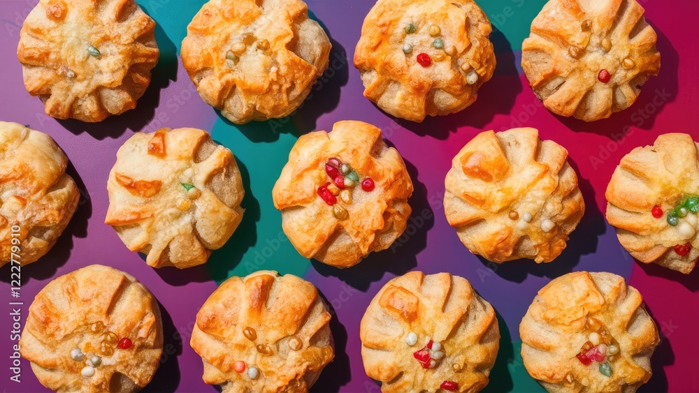 Puff pastry cookies arranged artistically on a bright gradient background featuring shades of green and purple with colorful toppings. Puff pastry cookies arranged artistically on a bright gradient background featuring shades of green and purple with colorful toppings.