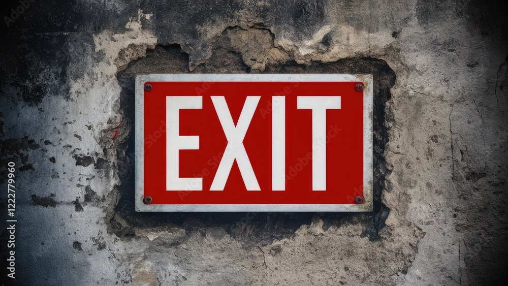 Red emergency exit sign featuring bold white letters on a weathered gray wall with peeling texture and visible cracks in a distressed setting. Red emergency exit sign featuring bold white letters on a weathered gray wall with peeling texture and visible cracks in a distressed setting.