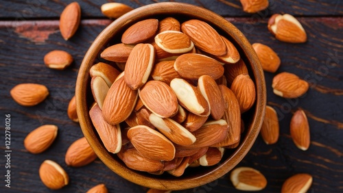 Roasted peeled almond nuts in a circular wooden bowl centered on a dark wooden background with scattered almonds enhancing the earthy tones.
