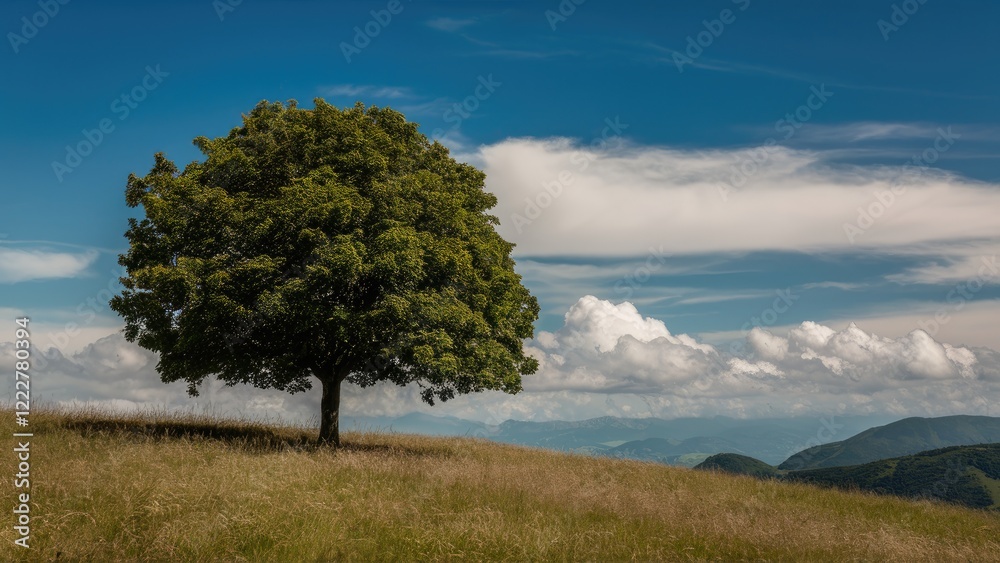 Lone green tree on grassy hill under bright blue sky with white clouds; mountains in the background create a serene landscape scene. Lone green tree on grassy hill under bright blue sky with white clouds; mountains in the background create a serene landscape scene.