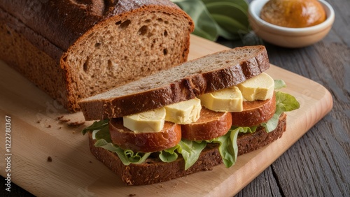 Homemade rye bread sandwich with butter and lettuce on a wooden cutting board with dark brown tones and fresh green leaves in the background photo
