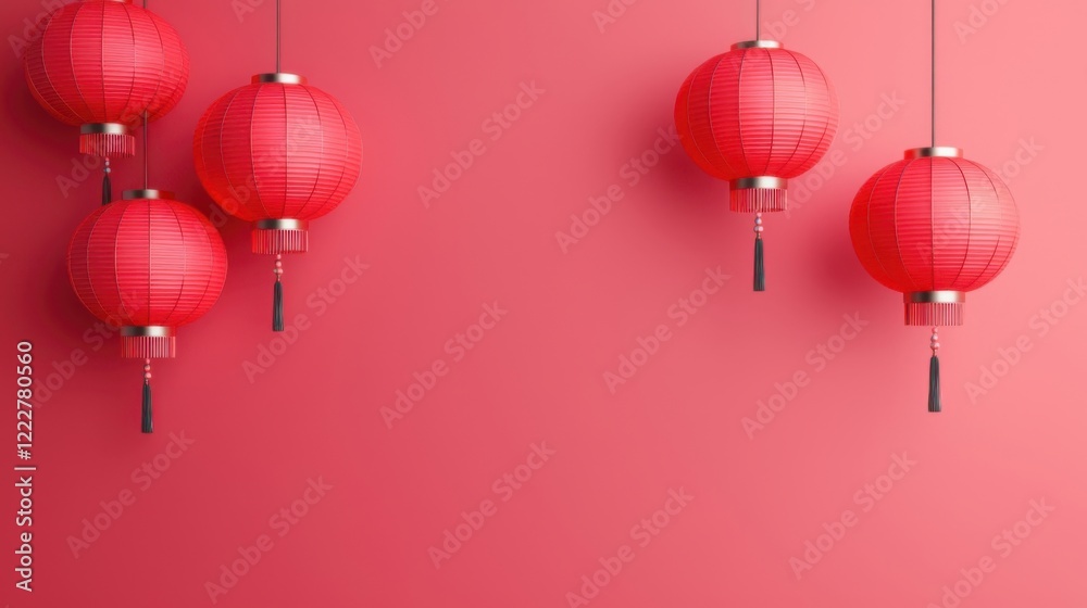Celebratory red lanterns asian festival decorative elements indoor space close-up view cultural significance