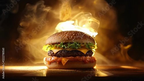 Juicy cheeseburger with sesame seed bun, melted cheese, fresh lettuce, and sauce, set against a smoky dark background, showcasing a delicious and indulgent fast food concept
