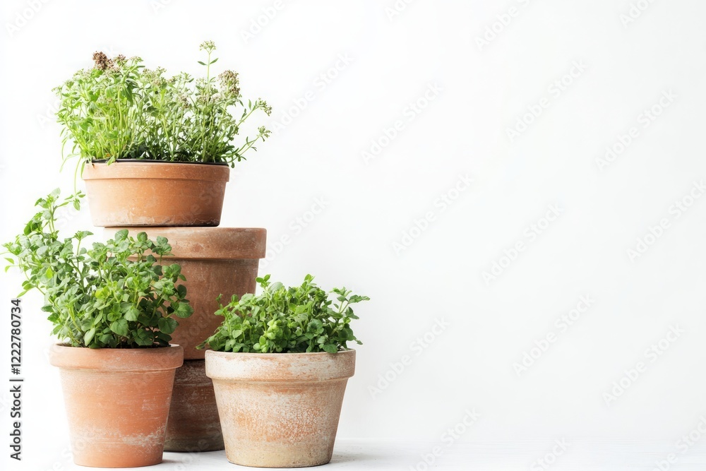 A Charming Arrangement of Potted Plants in Terracotta Pots. A Simple and Elegant Display of Fresh Greenery. A Perfect Addition to Any Home Decor A Charming Arrangement of Potted Plants in Terracotta Pots. A Simple and Elegant Display of Fresh Greenery. A Perfect Addition to Any Home Decor