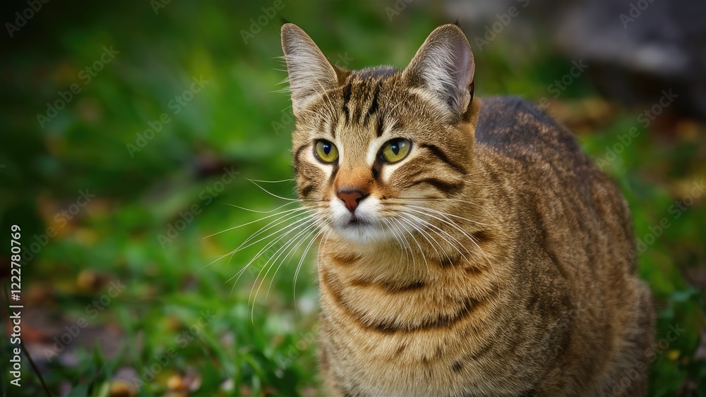 Tabby cat with striking green eyes sitting in lush green grass, featuring soft brown fur and well-defined stripes, radiating curiosity and charm. Tabby cat with striking green eyes sitting in lush green grass, featuring soft brown fur and well-defined stripes, radiating curiosity and charm.