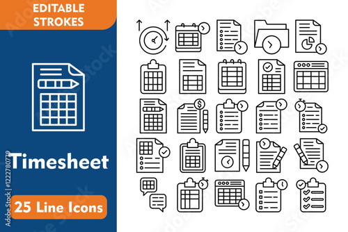 Timesheet Line Editable Icons set. Vector illustration in thin line modern style related icons:overtime, upcoming, bullet list, folder, business report, clipboard, sheet, notepad, frequency 