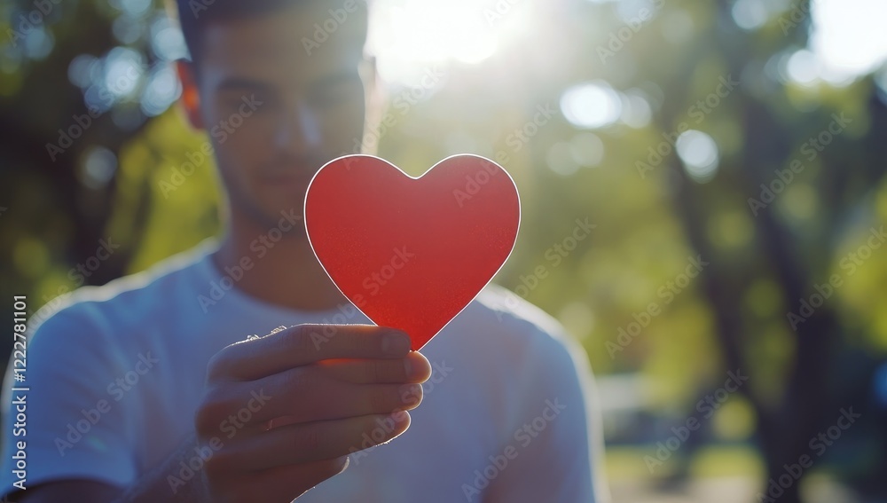 Man holding a red heart-shaped paper in his hand, outdoor park setting, blurred background of a man in a white T-shirt, symbolizing love, gift-giving, Valentine's Day, health care, or social work Man holding a red heart-shaped paper in his hand, outdoor park setting, blurred background of a man in a white T-shirt, symbolizing love, gift-giving, Valentine's Day, health care, or social work
