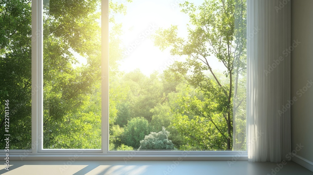 A scenic view of a green forest and clear sky seen from a minimalist apartment window, with sunlight pouring into the room A scenic view of a green forest and clear sky seen from a minimalist apartment window, with sunlight pouring into the room