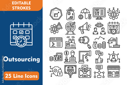 Outsourcing Line Editable Icons set. Vector illustration in thin line modern style related icons:scalable, saving money, insurance, product design, cost, risk management, target, promote, 
