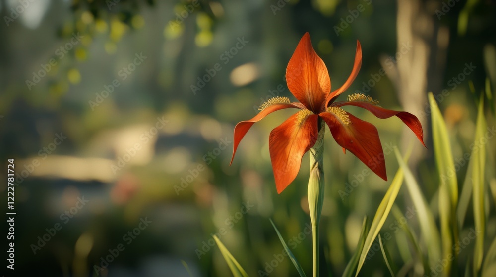 Vibrant Red Flower Surrounded by Lush Greenery in a Natural Setting with Soft Background Light Vibrant Red Flower Surrounded by Lush Greenery in a Natural Setting with Soft Background Light