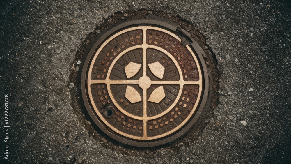 Aerial view of a circular manhole cover featuring a geometric design in brown and gold set against a textured gray asphalt surface. Aerial view of a circular manhole cover featuring a geometric design in brown and gold set against a textured gray asphalt surface.
