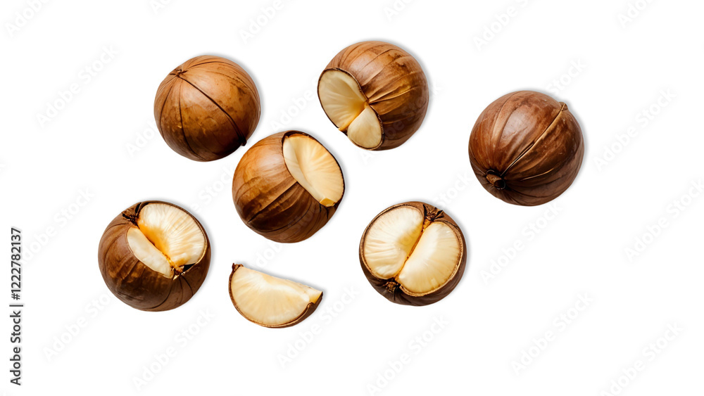 Studio shot of hazelnuts, some whole and some halved, arranged artistically on a white background; ideal for food blogs, packaging, or culinary websites. Studio shot of hazelnuts, some whole and some halved, arranged artistically on a white background; ideal for food blogs, packaging, or culinary websites.