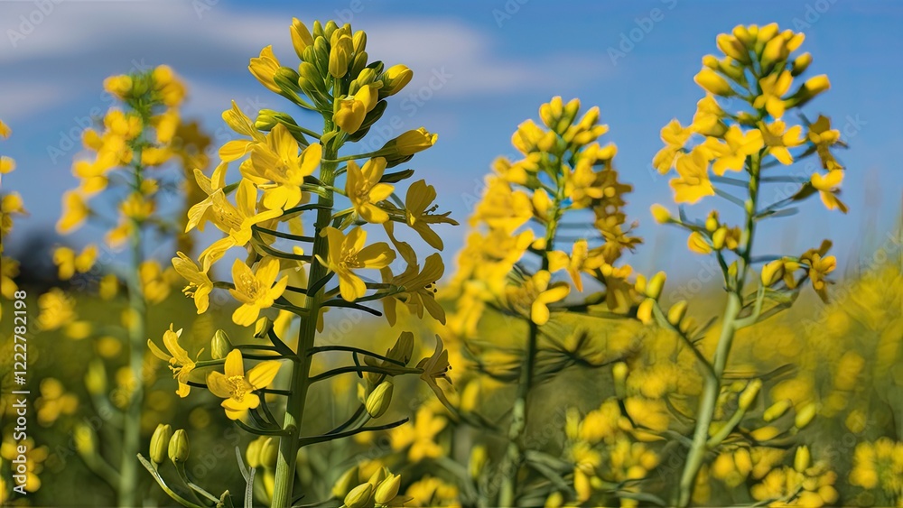 Vibrant yellow wildflowers in a field with a blue sky background, tall stems reaching upward against a softly blurred meadow scene Vibrant yellow wildflowers in a field with a blue sky background, tall stems reaching upward against a softly blurred meadow scene