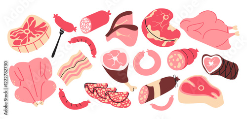 Doodle Set of Meat Products: Steaks, Sausages, and More. Meat Lovers Collection: BBQ and Sausages in Doodle Style.Doodle Meat Platter