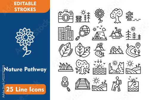 Nature Pathway Line Editable Icons set. Vector illustration in thin line modern style related icons:camera, bench, flower, tree, trail, town, exploration, camping, summit, pine forest, leaf, 