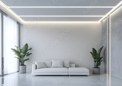 Salón minimalista con sofá moderno y luz natural en interior contemporáneo