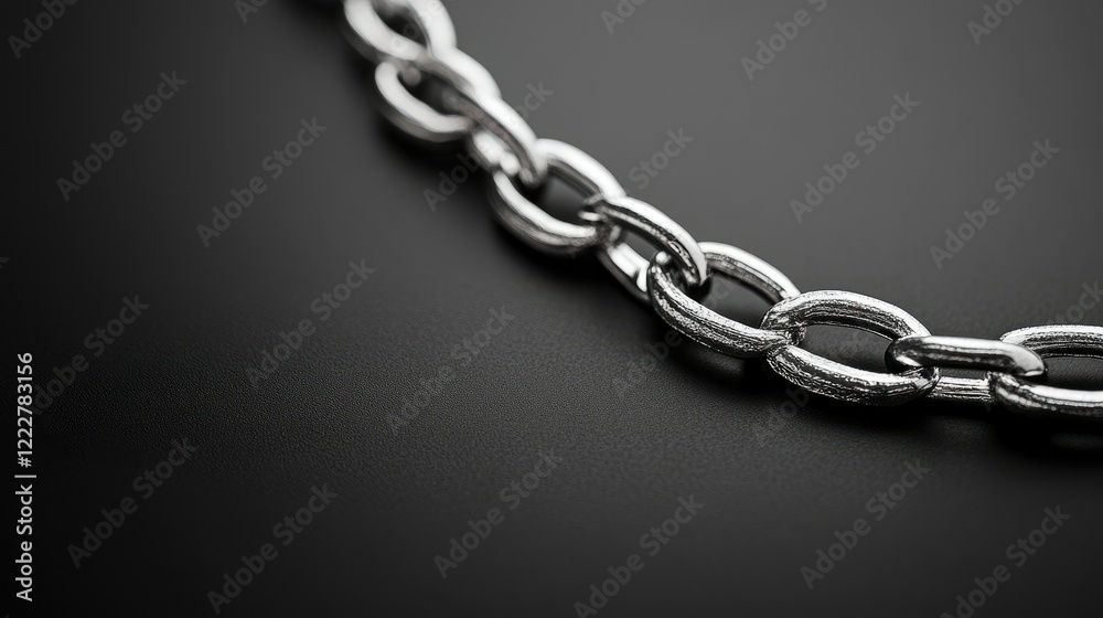 Fototapeta premium A silver chain necklace positioned diagonally on a black background, with a focus on its intricate links