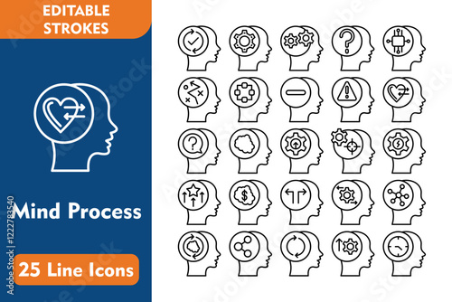 Mind Process Line Editable Icons set. Vector illustration in thin line modern style related icons:continuity, cogwheel, settings, questions, artificial intelligence, strategy, structure, negative 