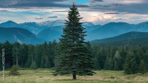 Majestic spruce tree prominently centered in a lush green meadow with mountains in the background under a cloudy blue sky. photo