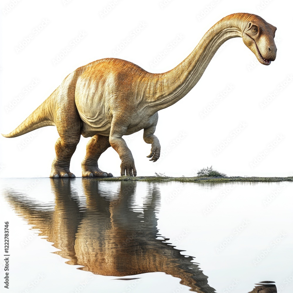 Obraz premium Sauropod dinosaur wading in shallow water, prehistoric landscape. Educational use