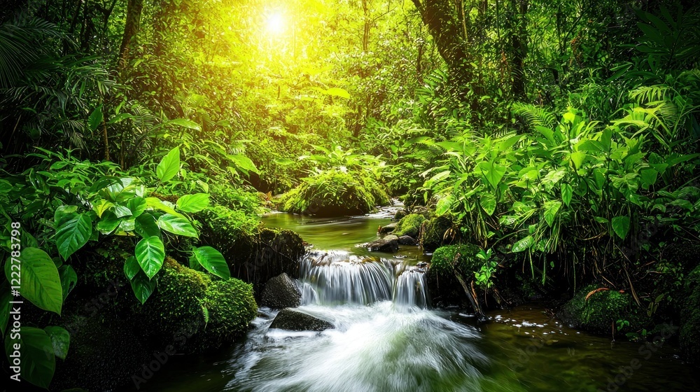 Lush Rainforest Stream, Sunlight, Tranquility, Nature Background, Travel Lush Rainforest Stream, Sunlight, Tranquility, Nature Background, Travel