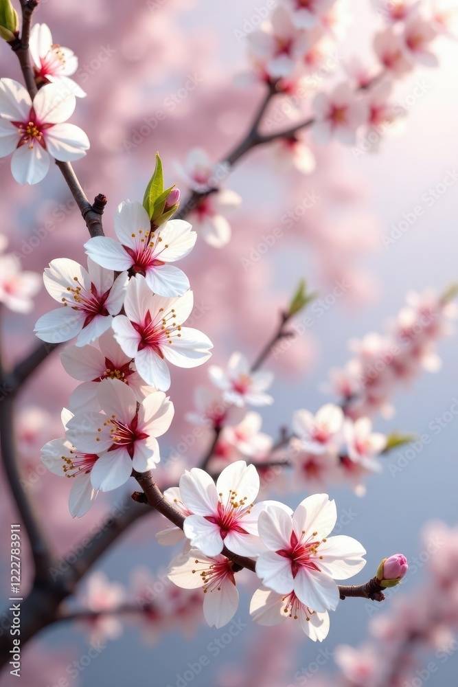 Obraz premium Cherry blossom branches loaded with soft white blooms, blossoms, white, pink