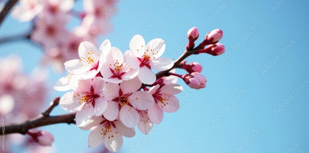 Obraz premium Cherry flower buds on a branch in full bloom against a light blue sky, leaves, petals, blossoms