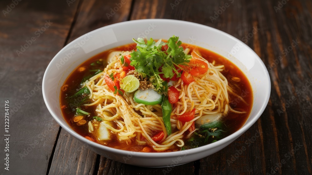 Delicious bowl of noodle soup with fresh herbs vibrant red tomatoes and green cucumber on rustic wooden table in warm lighting Delicious bowl of noodle soup with fresh herbs vibrant red tomatoes and green cucumber on rustic wooden table in warm lighting