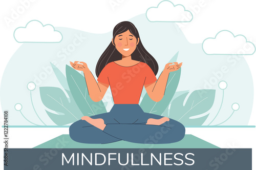 Mindfulness Practice Illustration for Stress Relief and Well-being A peaceful individual practicing mindfulness outdoors, surrounded by nature.