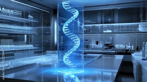 Illuminated DNA Helix in Modern Laboratory Setting photo