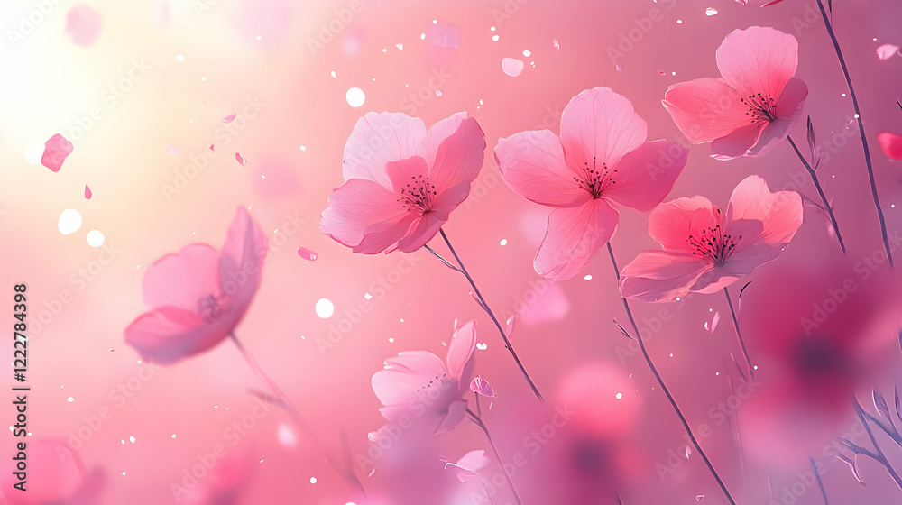 Fototapeta premium Pink flowers bloom, petals fall, sunset, spring, card