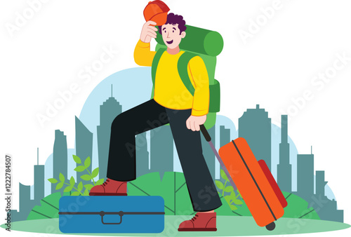 Traveler with Luggage and Backpack Illustration A detailed image of a traveler exploring with their gear, ready for an urban or nature journey.